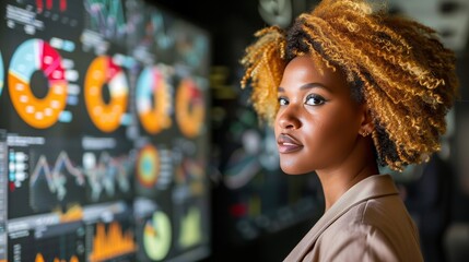 Obraz premium Confident African American Businesswoman in Modern Office with Colorful Financial Data Displays