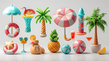 Vibrant Summer Beach Icons Including Palm Trees, Umbrellas, Pineapples, and Tropical Drinks Perfect for Vacation, Holiday, and Travel-Themed Designs and Graphics