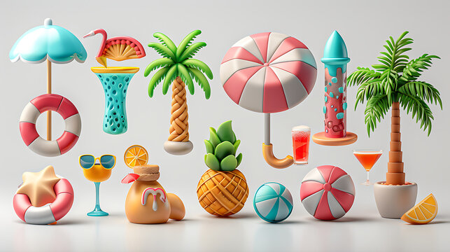 Vibrant Summer Beach Icons Including Palm Trees, Umbrellas, Pineapples, and Tropical Drinks Perfect for Vacation, Holiday, and Travel-Themed Designs and Graphics