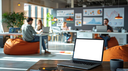 Obraz premium Laptop on a Wooden Table in a Modern Office. A laptop sits open on a table in a modern office with bean bag chairs.