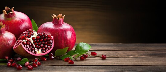 Fresh pomegranates on wooden table. Creative banner. Copyspace image