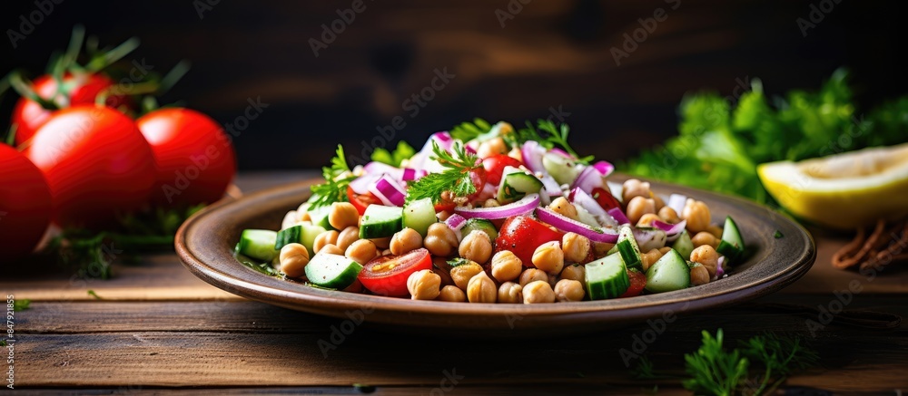 Poster mediterranean salad with chickpea tomatoes cucumbers spinach and red onion. creative banner. copyspa