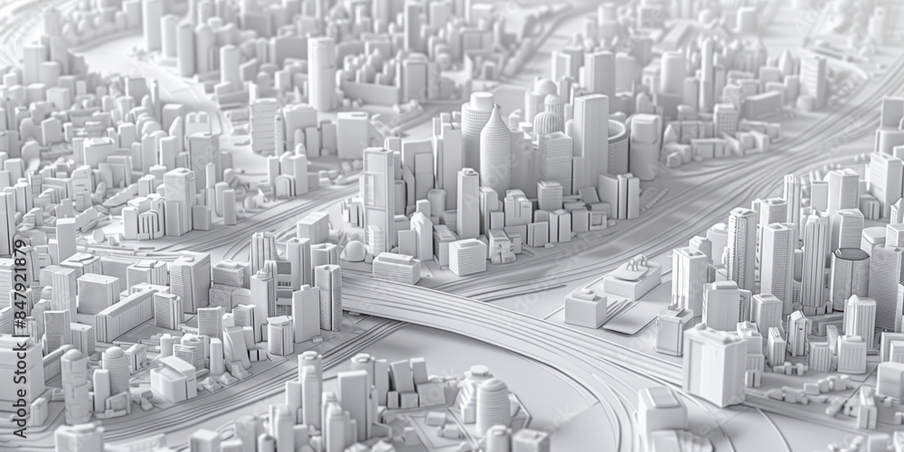 Poster birds eye view of a modern city. urban concept. white clay 3d rendering. created with generative ai 