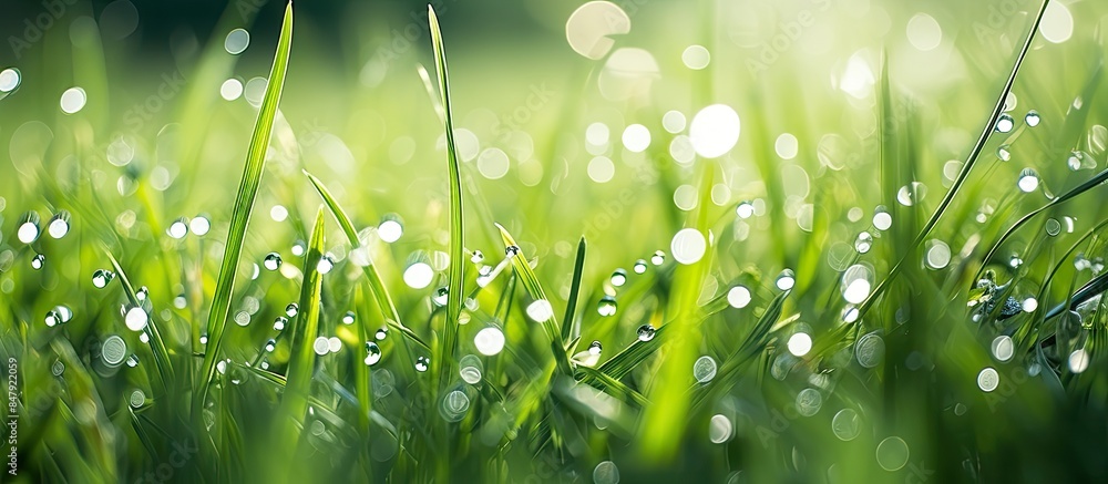 Poster dew on grass with bokeh. creative banner. copyspace image