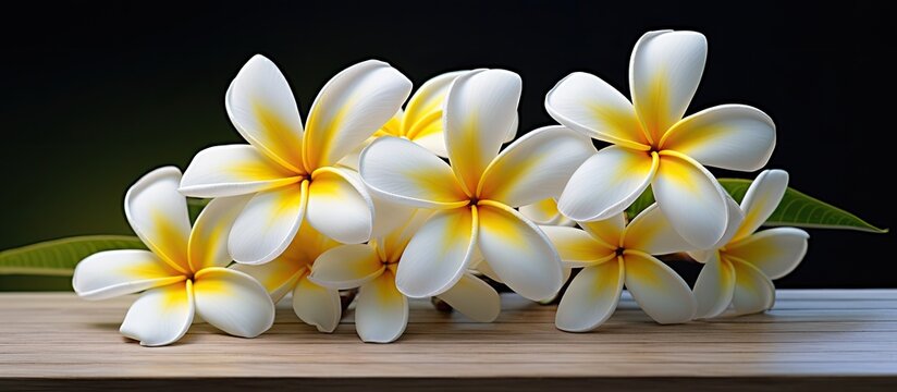 It is estimated that Indonesian native frangipani is a white frangipani flower with a yellow inside where the florets are not fully open and are small in size. Creative banner. Copyspace image