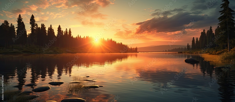 Poster Sunset with reflection on the lake. Creative banner. Copyspace image