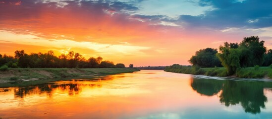 Obraz premium Evening yellow and red sunset over a calm river. Creative banner. Copyspace image