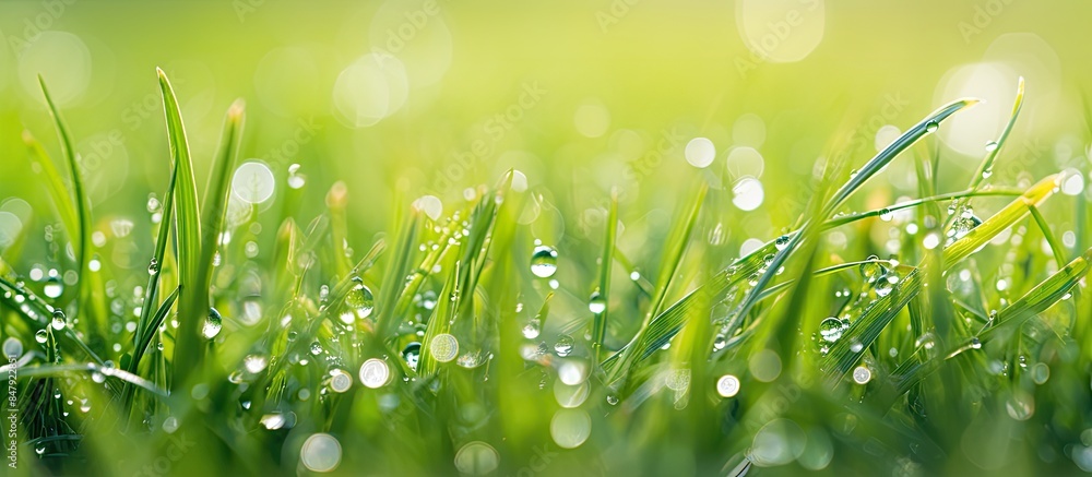 Aufkleber drops of dew on the green grass green grass background. creative banner. copyspace image