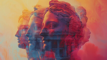 Fototapeta premium Risograph print travel poster illustration of marble statues, Italy, Rome, Italian, city, modern, isolated, clear and simple. Artistic, stylistic, screen printing, stencil digital duplication