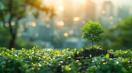 A Small Sapling Growing Against a City Skyline