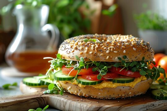 Healthy sourdough bagel topped with hummus, sliced cucumber, cherry tomatoes, and microgreens