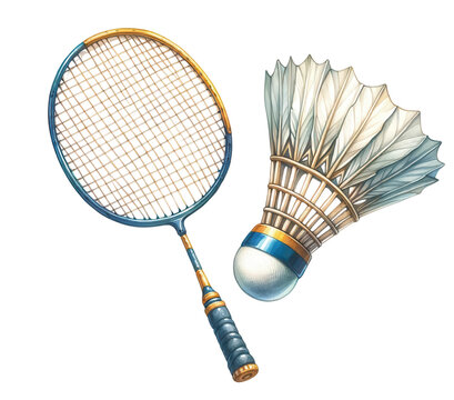 recommend clip art: Watercolor illustration clipart of a badminton racket with a shuttlecock isolated on transparent background