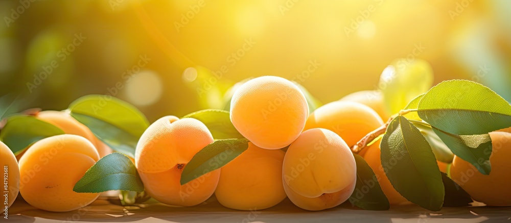 Poster close up of freshly picked apricots that are sunlit. creative banner. copyspace image