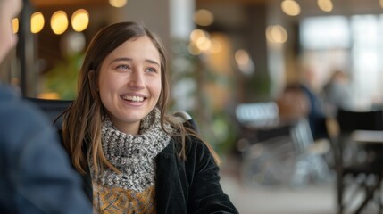 Obraz premium A young woman wearing a scarf smiles as she speaks with someone off camera in a cafe setting