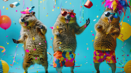 Quokkas in Funky Outfits on Bright Background - Birthday Invite Banner. Creative animal concept. Group of quokka in funky Wacky wild mismatch colourful outfits on bright background advertisement.