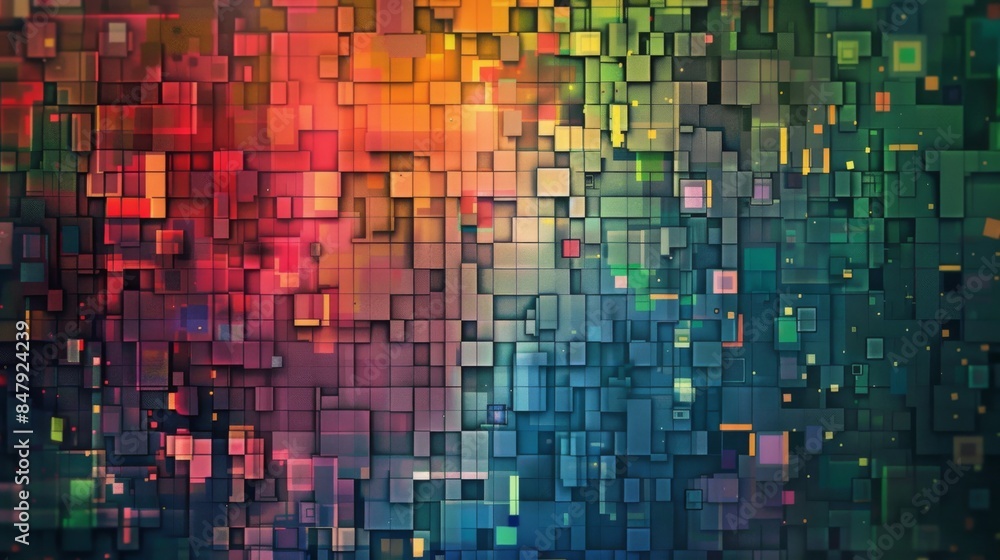 Poster an abstract background with a grid of colorful squares, creating a pixelated effect.