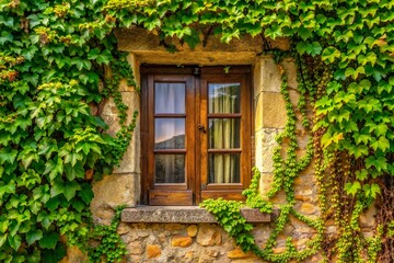 vintage wooden window with green vine frame