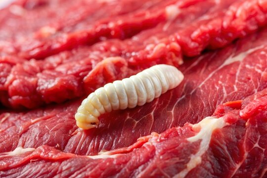 maggot on raw beef meat. Rotten and spoiled food