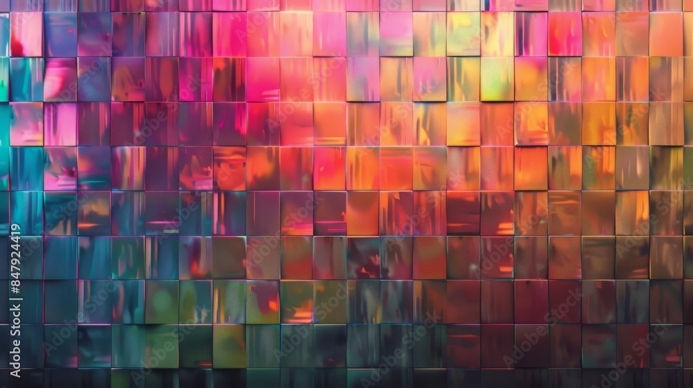 Poster an abstract background with a grid of colorful squares, creating a pixelated effect.