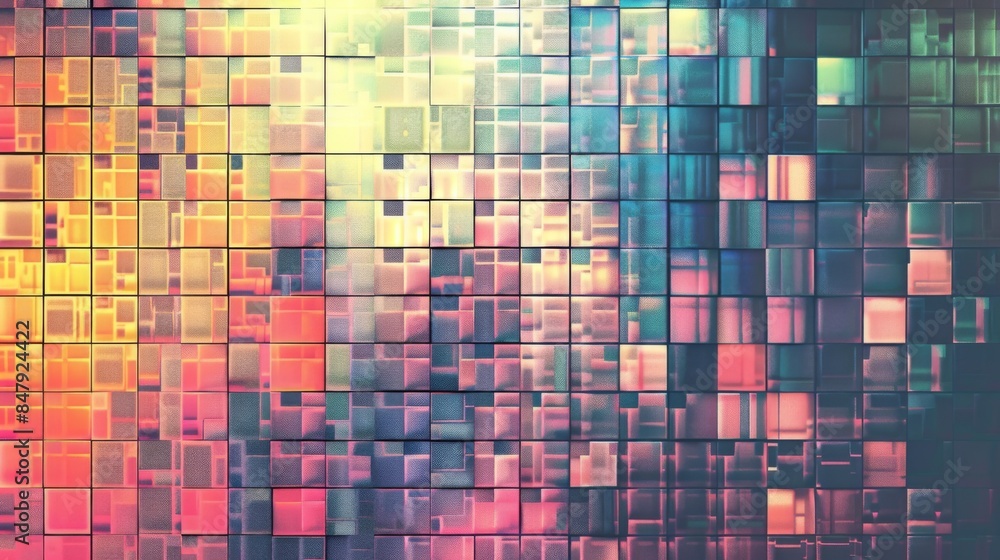 Poster an abstract background with a grid of colorful squares, creating a pixelated effect.
