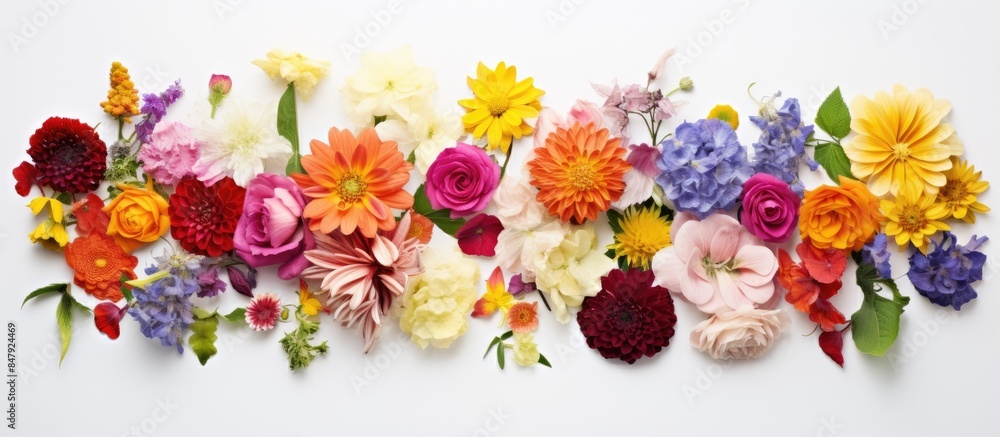 Poster top view of head shot flowers full depth of field on the photo big collection set of various colorfu