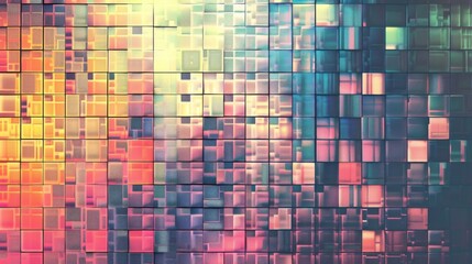 An abstract background with a grid of colorful squares, creating a pixelated effect.