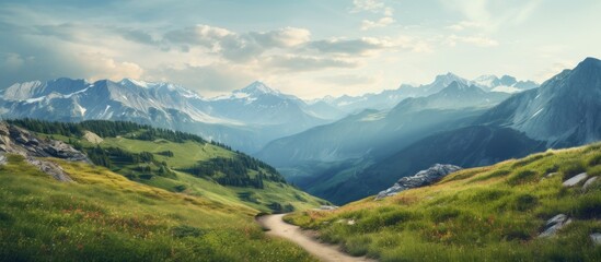 View at the mountains while hiking. Creative banner. Copyspace image