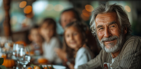 60-year-old man dinner with family at home. Generative AI.