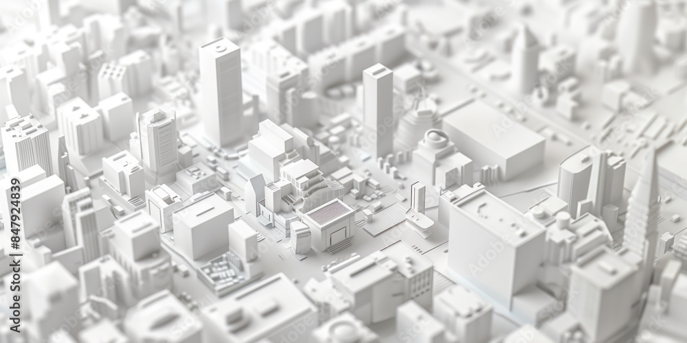 Poster birds eye view of a modern city. urban concept. white clay 3d rendering. created with generative ai 
