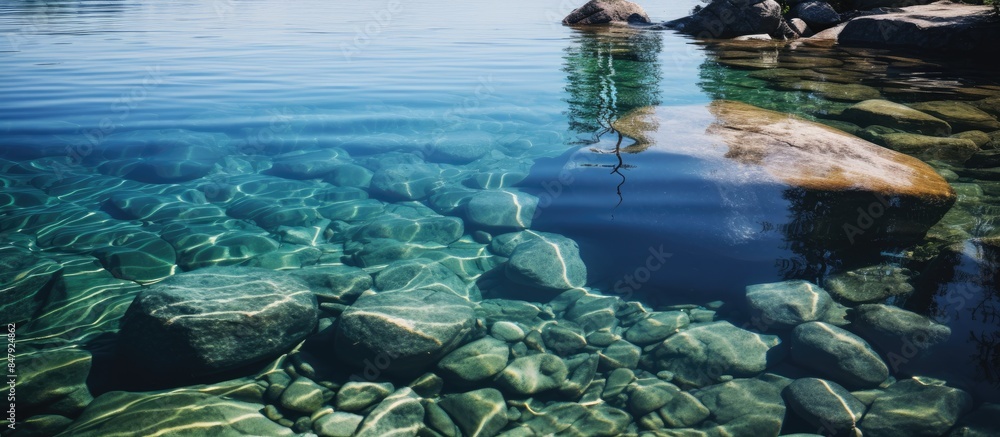 Poster lake with many stones at the bottom and a bigger one immersed. creative banner. copyspace image