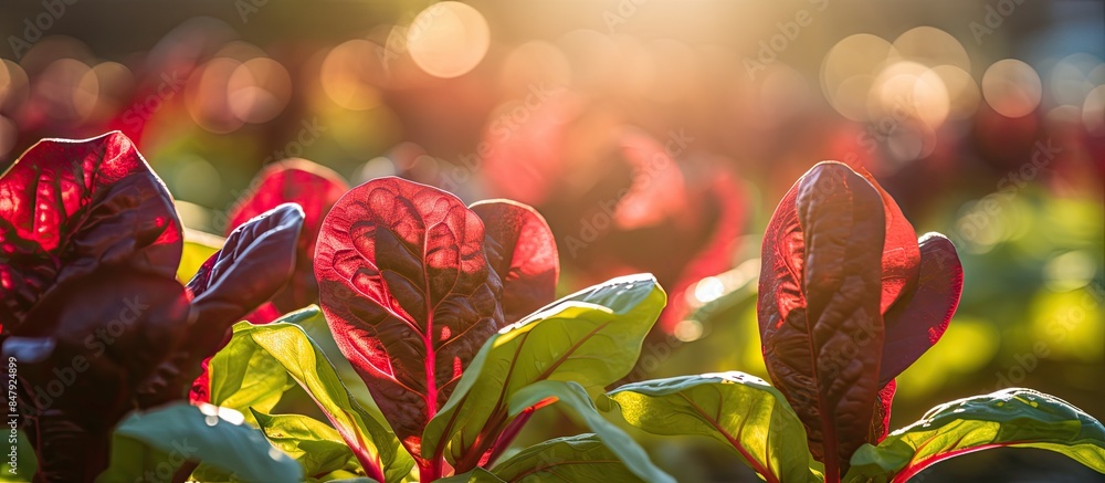 Sticker red spinach flowers with sun light. Creative banner. Copyspace image