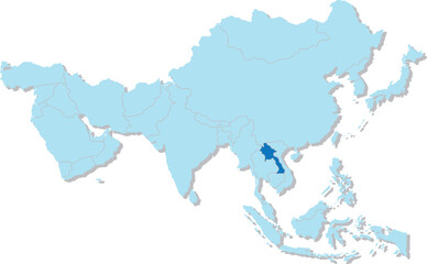 Highlighted blue map of LAOS inside light blue 3D blank political map of Asia orthographic projection on transparent background, without Russia