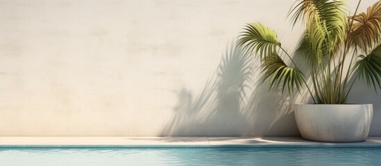 Tropical summer background with concrete wall pool water and palm leaf shadow Luxury hotel resort exterior for product placement Outdoor vacation holiday house scene neutral architecture aesthetic