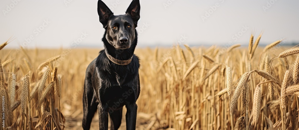 Poster black shepherd is standing in a corn field. creative banner. copyspace image