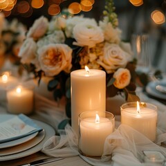  The wedding dining table is adorned with three candles as the main centerpiece. Each candle, carefully placed along the table