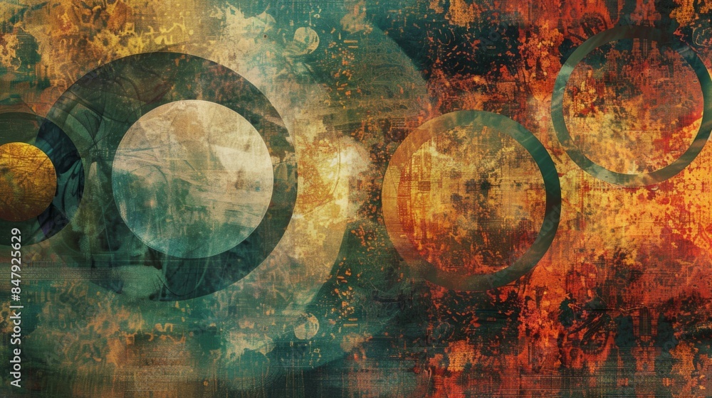 Poster an abstract background with circular patterns and a mix of warm and cool tones.