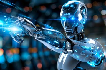 Fototapeta premium Advanced robotic hand with intricate design, symbolizing AI precision and technological advancements in robotics and artificial intelligence.