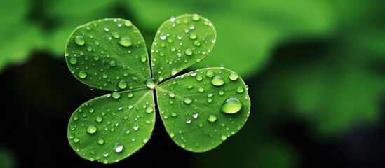 Four leaf clover after the rain with water drops. Creative banner. Copyspace image