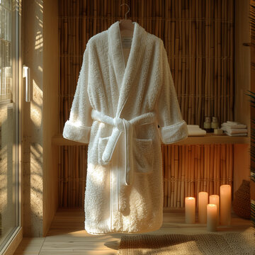  a fluffy white spa robe hanging against a bamboo wall in a warm candle-lit room