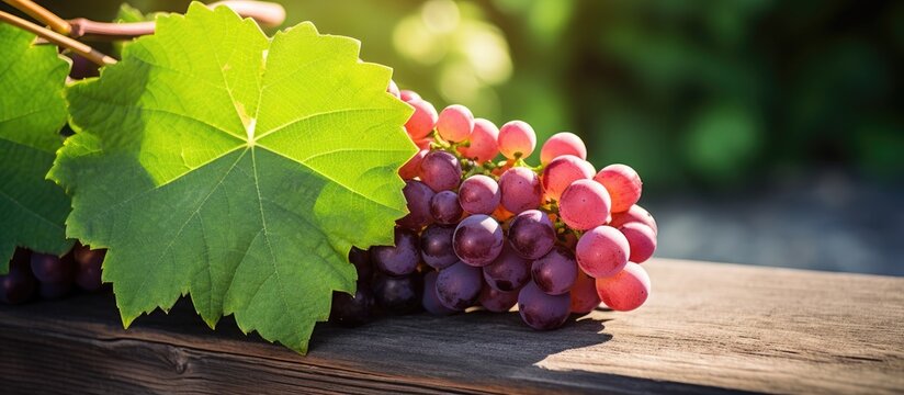 Red Grapes with Green Leaves on the Vine. Creative banner. Copyspace image