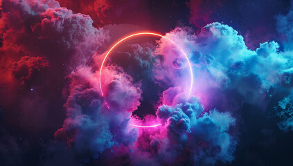 Fototapeta premium Colorful neon ring creating a dreamy atmosphere around a cloud on a dark background.