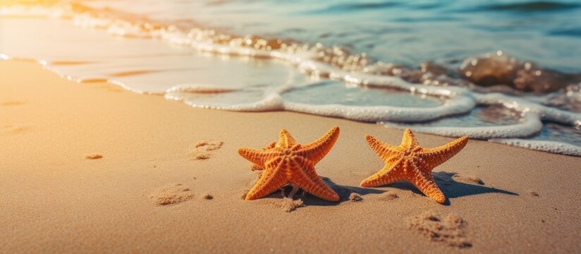 sea stars lying on wet sand beach in sea wave summer famity holidays concept. Creative banner. Copyspace image