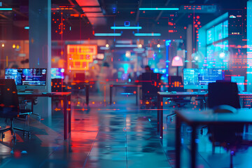 Modern neon cyberpunk open space office interior blurred with information technology overlay. Corporate strategy for finance, operations, marketing. Tables with computers for work. Technology