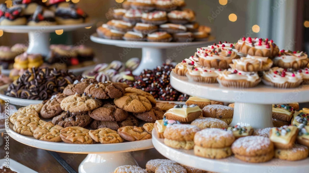 Poster An assortment of gourmet cookies with different flavors and toppings on a dessert table.