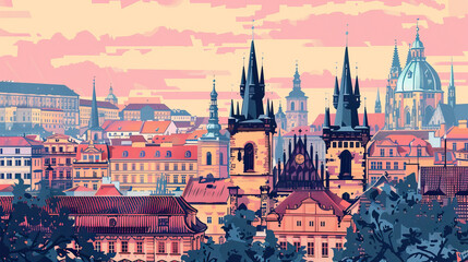 Fototapeta premium Risograph print travel poster illustration of Prague city, modern, isolated, clear and simple. Artistic, stylistic, screen printing, stencil digital duplication