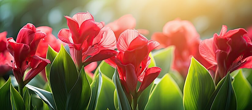 a lucifer canna lily plant with crimson flowers 5732. Creative banner. Copyspace image