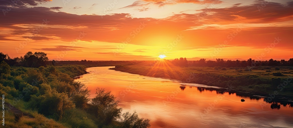 Poster sunset at the river. creative banner. copyspace image
