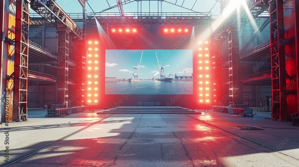 Poster small stage. daytime setting with bright sunlight. concert-grade led screen displaying real-time com