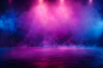 Fototapeta premium The dark stage shows, empty dark blue, purple, pink background, neon light, spotlights, The asphalt floor and studio room with smoke float up the interior texture for display products