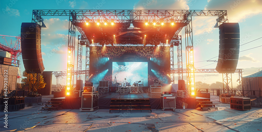 Poster small stage. daytime setting with bright sunlight. concert-grade led screen displaying real-time com